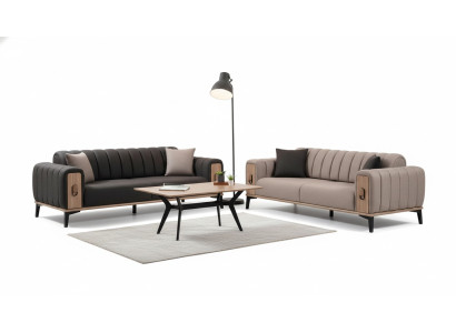 Bruine bankstel 2x driezits luxe set meubels banken banken houten frame