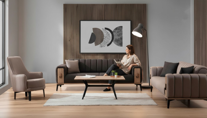 Bruine bankstel Driezits Tweezits Fauteuil Gestoffeerde meubels Stoffen bank