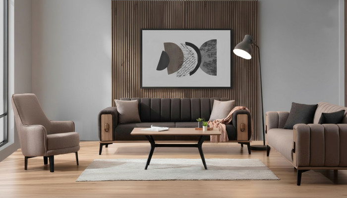 Bruine bankstel Driezits Tweezits Fauteuil Gestoffeerde meubels Stoffen bank