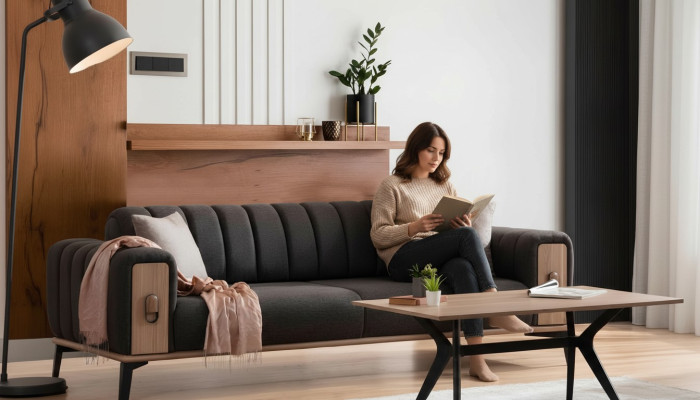 Stijlvolle driezits Moderne woonkamermeubels Grijs Houten bankstellen