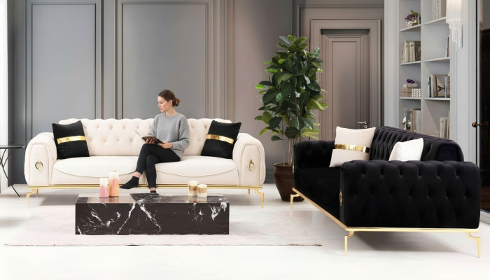 Bankstel Luxe Chesterfield Zitgroep Driepersoons Zwart 3+3 Zitplaatsen