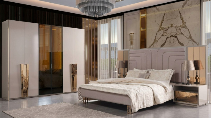 Set dubbel bed bed beige hout luxe modern slaapkamer set 3-delig.