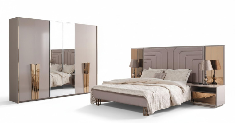 Set dubbel bed bed beige hout luxe modern slaapkamer set 3-delig.