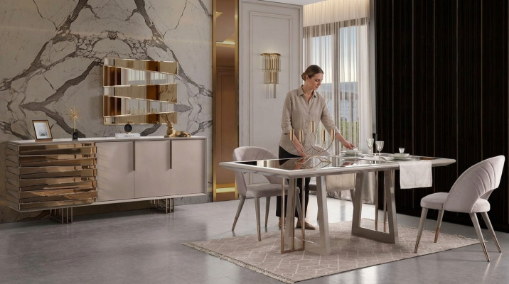 Luxe eethoek eetgroep eetkamer eettafel stoelen beige hout set 8-delig
