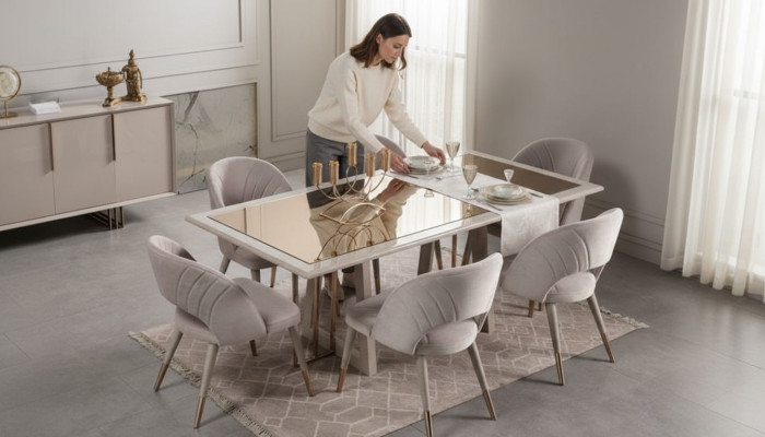 Eetkamerset Eetkamer meubelen 7-delig Eettafel Stoelen Beige Hout