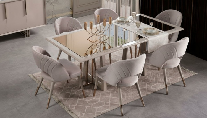 Eetkamerset Eetkamer meubelen 7-delig Eettafel Stoelen Beige Hout