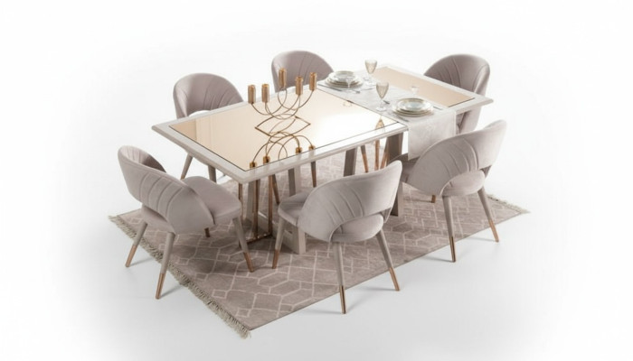Eetkamerset Eetkamer meubelen 7-delig Eettafel Stoelen Beige Hout