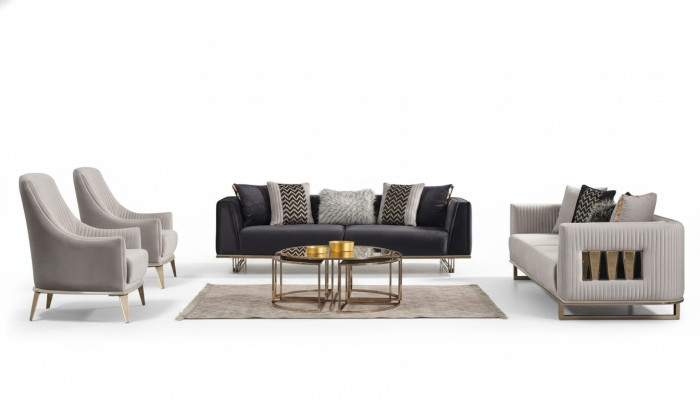 Bankstel bankstel driezits fauteuil grijs stoffen bankstel set 4 delig