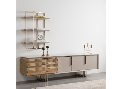 RTV-Lowboard TV-standaard Sideboard Beige Goud woonkamerset planken Nieuw