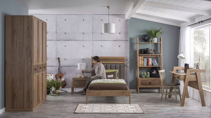 Jongerenbed Slaapkamermeubilair Houten bed Compleet bed Bruin Set 5-delig