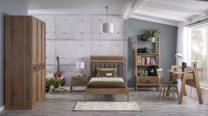 Jongerenbed Slaapkamermeubilair Houten bed Compleet bed Bruin Set 5-delig
