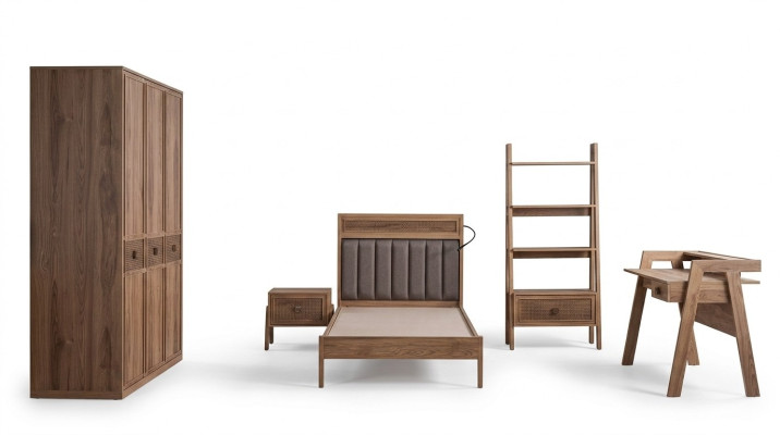 Jongerenbed Slaapkamermeubilair Houten bed Compleet bed Bruin Set 5-delig