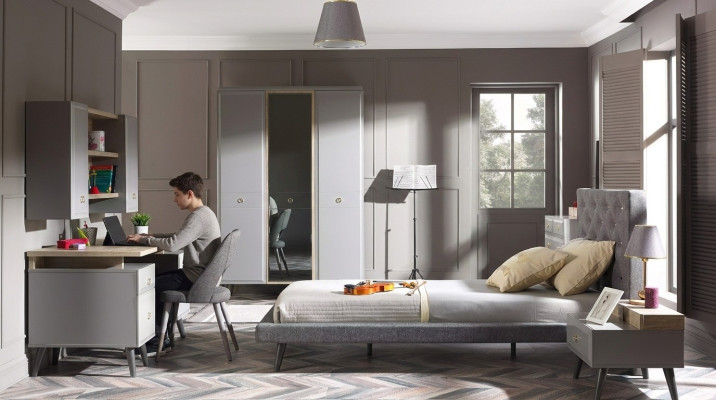 Jongerenbed Slaapkamermeubels Houten bed Compleet Bed Grijs Set 5-delig