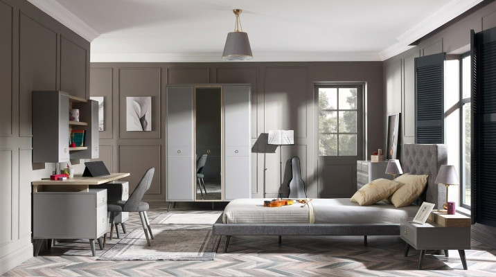 Jongerenbed Slaapkamermeubels Houten bed Compleet Bed Grijs Set 5-delig