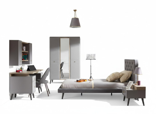 Jongerenbed Slaapkamermeubels Houten bed Compleet Bed Grijs Set 5-delig