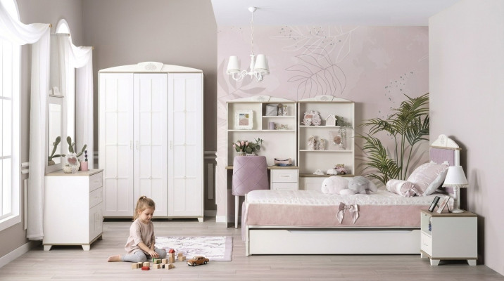 Compleet kinderbed kindermeubels kinderkamer bed hout roze set 8-delig