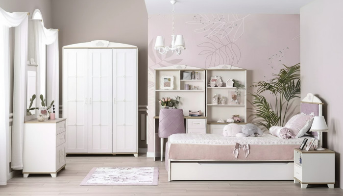 Compleet kinderbed kindermeubels kinderkamer bed hout roze set 8-delig
