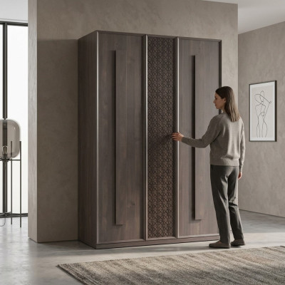 Houten kast Luxe kledingkast Kast Meubels Hout Grijs 3-deurs Ontwerp