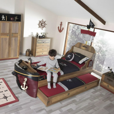 Set piratenbedframe kinderbed hout bruin 3-delig set kinderkamer
