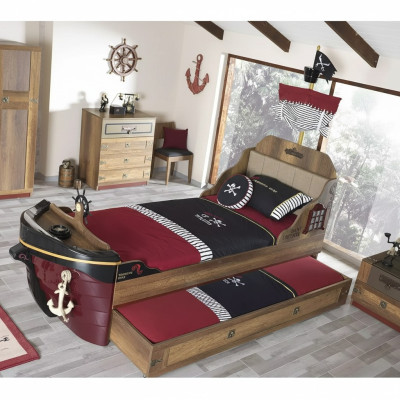 Set piratenbedframe kinderbed hout bruin 3-delig set kinderkamer