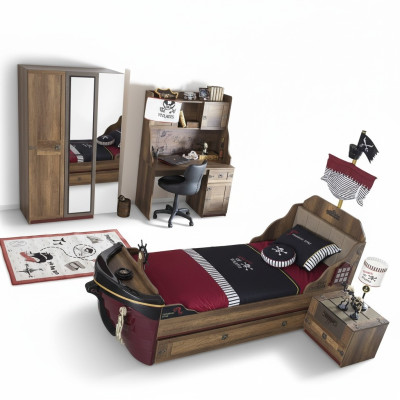 Piraat functioneel kinderbed bruin hout set nachtkastje bedden bed