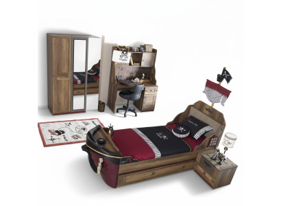 Piraat functioneel kinderbed bruin hout set nachtkastje bedden bed