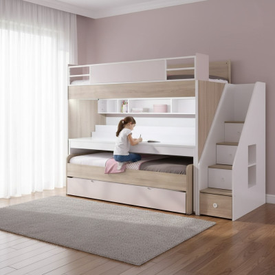 Stapelbed met 3 slaapplaatsen multifunctioneel bed hout roze luxe hoogslaper
