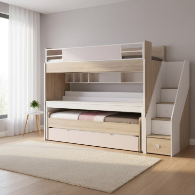 Stapelbed met 3 slaapplaatsen multifunctioneel bed hout roze luxe hoogslaper