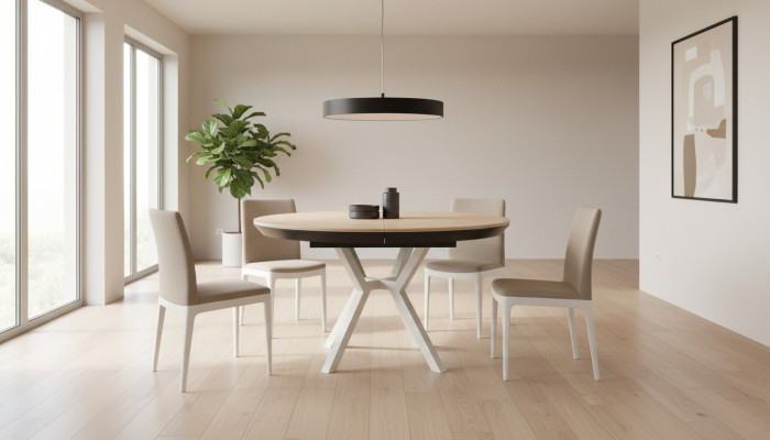 Moderne keukentafel eetkamertafel Uitschuifbare ronde houten beige tafel.