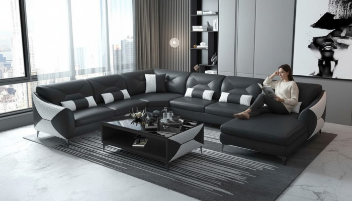 Grote woonlandschap bank U-vorm hoekbank zwart kunstlederen sofa