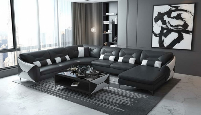 Grote woonlandschap bank U-vorm hoekbank zwart kunstlederen sofa