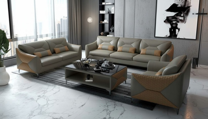 Bankstel Sofa Set Bankstel 3-2-1 Zits Lederen Bankstel Grijs
