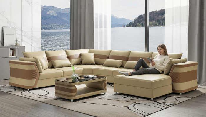 Woonlandschap xxl bank U-vorm Groot Leren hoekbank Beige Bankstellen Bankstellen