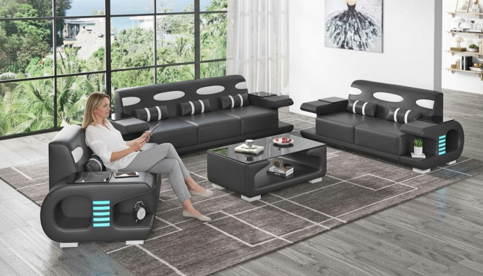 Bankstel Bankstel Leren bankstellen Bank Compleet 3-delig Zwart Set