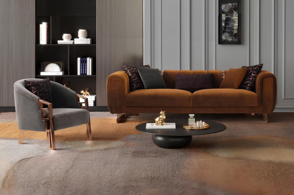 Bankstel driezitter fauteuil bruin stoffen bankstel set complete bankstellen