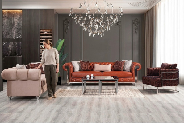 Chesterfield bankstel, driezits, bruin bankstel, gestoffeerde bank   Chesterfield bankstel, driezits, bruine bank, gestoffeerde bank