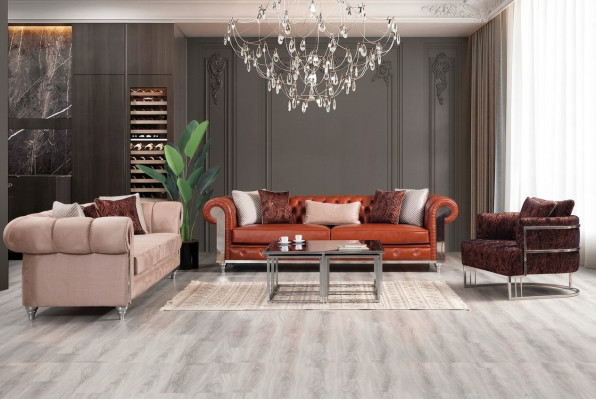 Chesterfield bankstel, driezits, bruin bankstel, gestoffeerde bank   Chesterfield bankstel, driezits, bruine bank, gestoffeerde bank