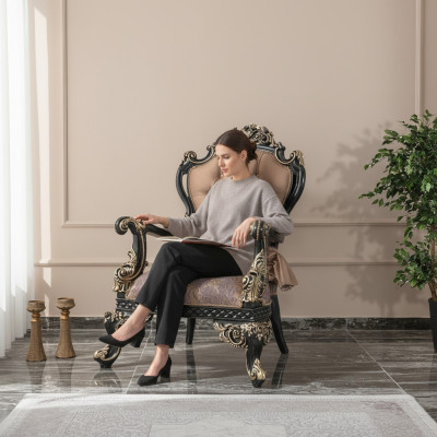 Fauteuil Beige Oorfauteuil Barok Zits Polyester Woonkamer
