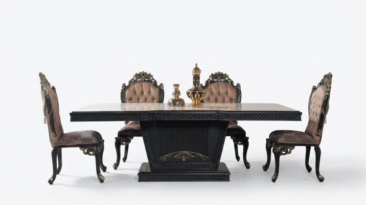Eethoek Eetgroep Eetkamer Eettafel Stoelen Hout Set van 9 stuks Grijs Barok