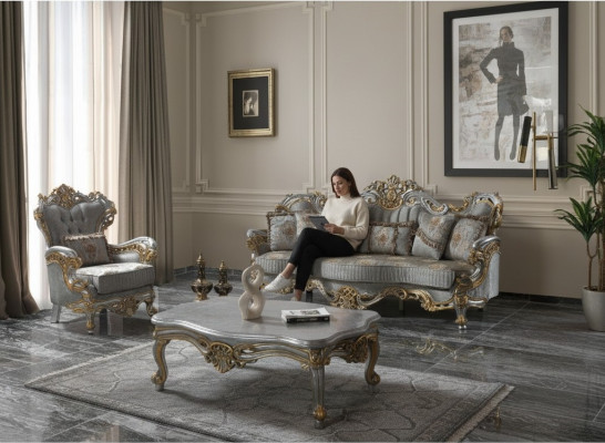 Luxe gestoffeerde bankstellen, complete bankstellen, grijze stoffen bankstellen.