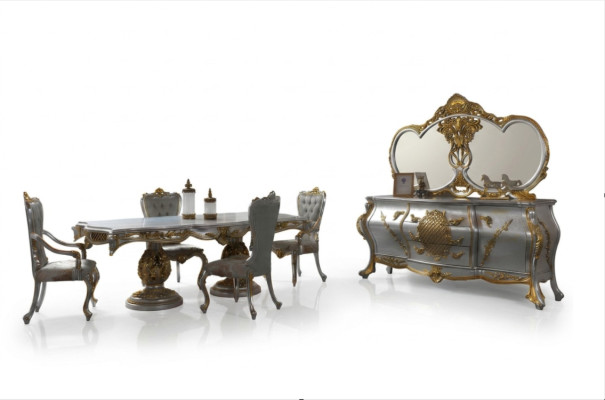 Eetkamer set Eethoek Eettafel Stoelen Hout Set 9-delig Grijs Barok