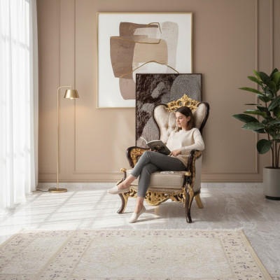 Ohrensessel fauteuil Beige Barok Stoel Stof Polyester Woonkamer