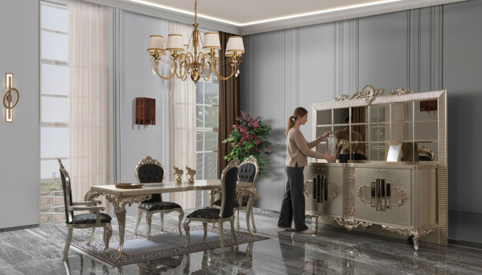 Luxe eetkamerset, dressoir, eettafel, stoelen, hout, 10-delig, beige.