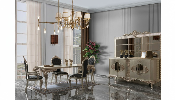 Luxe eetkamerset, dressoir, eettafel, stoelen, hout, 10-delig, beige.