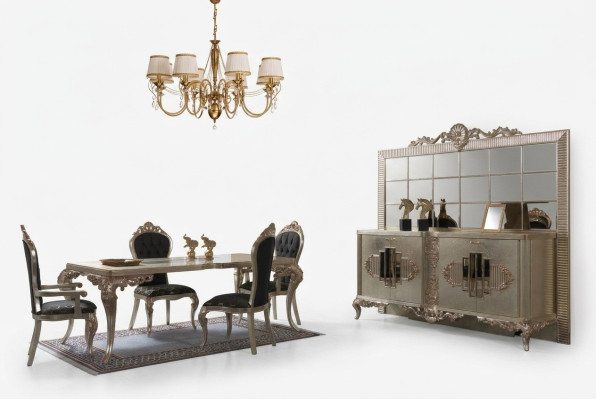 Luxe eetkamerset, dressoir, eettafel, stoelen, hout, 10-delig, beige.