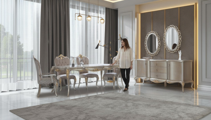 Complete eetkamer set Tafel Sideboard Eetkamer Eettafel Hout Set 12-dlg Beige