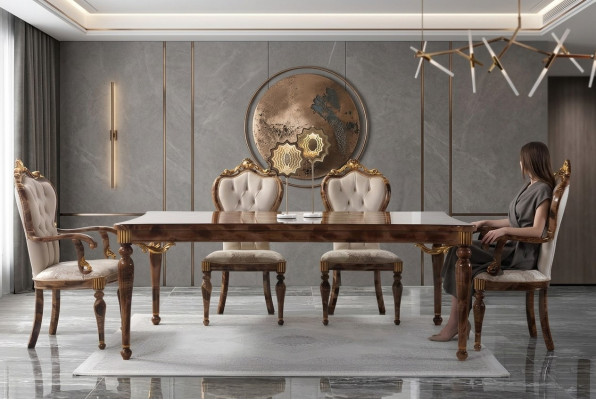 Klassieke eetkamerset Eethoek Eetkamer Eettafel Hout Set 7-delig Bruin tafel