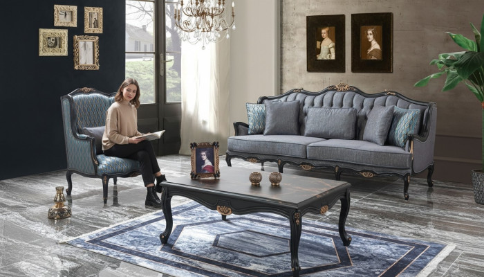 Chesterfield bankstel Driezits Fauteuil Stof Salontafel Blauw Nieuw  Chesterfield bankstel Driezits Fauteuil Stof Salontafel Blauw Nieuw