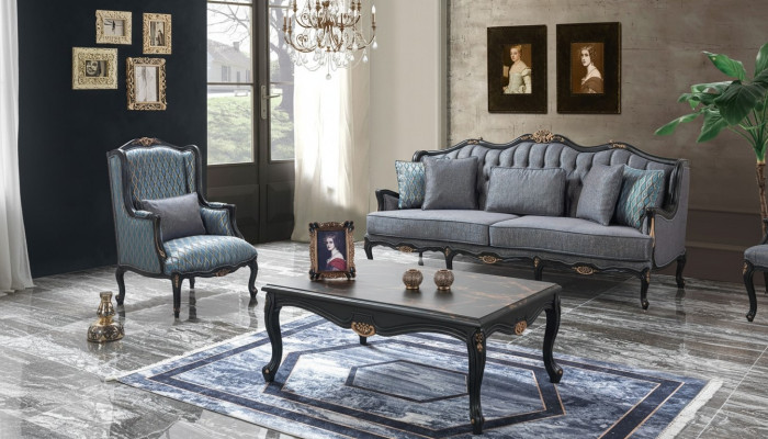 Chesterfield bankstel Driezits Fauteuil Stof Salontafel Blauw Nieuw  Chesterfield bankstel Driezits Fauteuil Stof Salontafel Blauw Nieuw