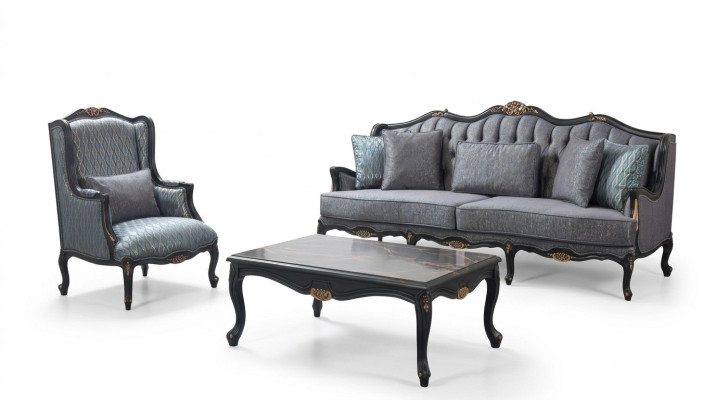 Chesterfield bankstel Driezits Fauteuil Stof Salontafel Blauw Nieuw  Chesterfield bankstel Driezits Fauteuil Stof Salontafel Blauw Nieuw